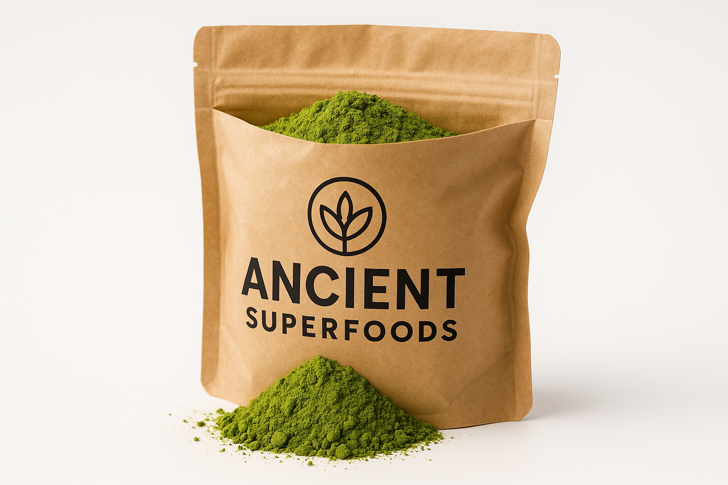 matcha powder in a kraft bag with Ancient Superfoods logo