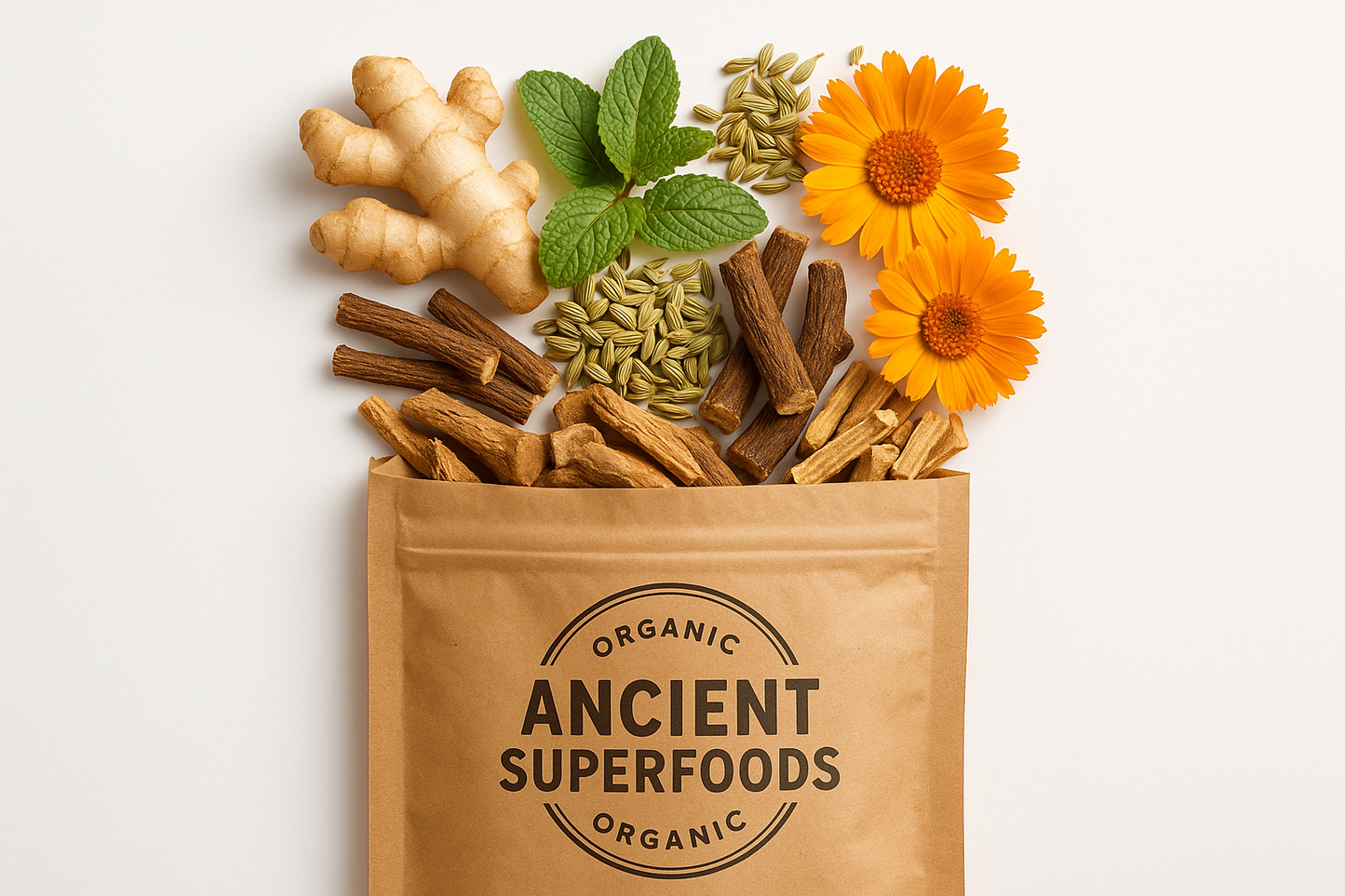 Organic ginger, organic liquorice, organic fennel seeds, organic peppermint, organic angelica root, organic calendula flowers in a brown kraft bad with ancient superfoods as logo