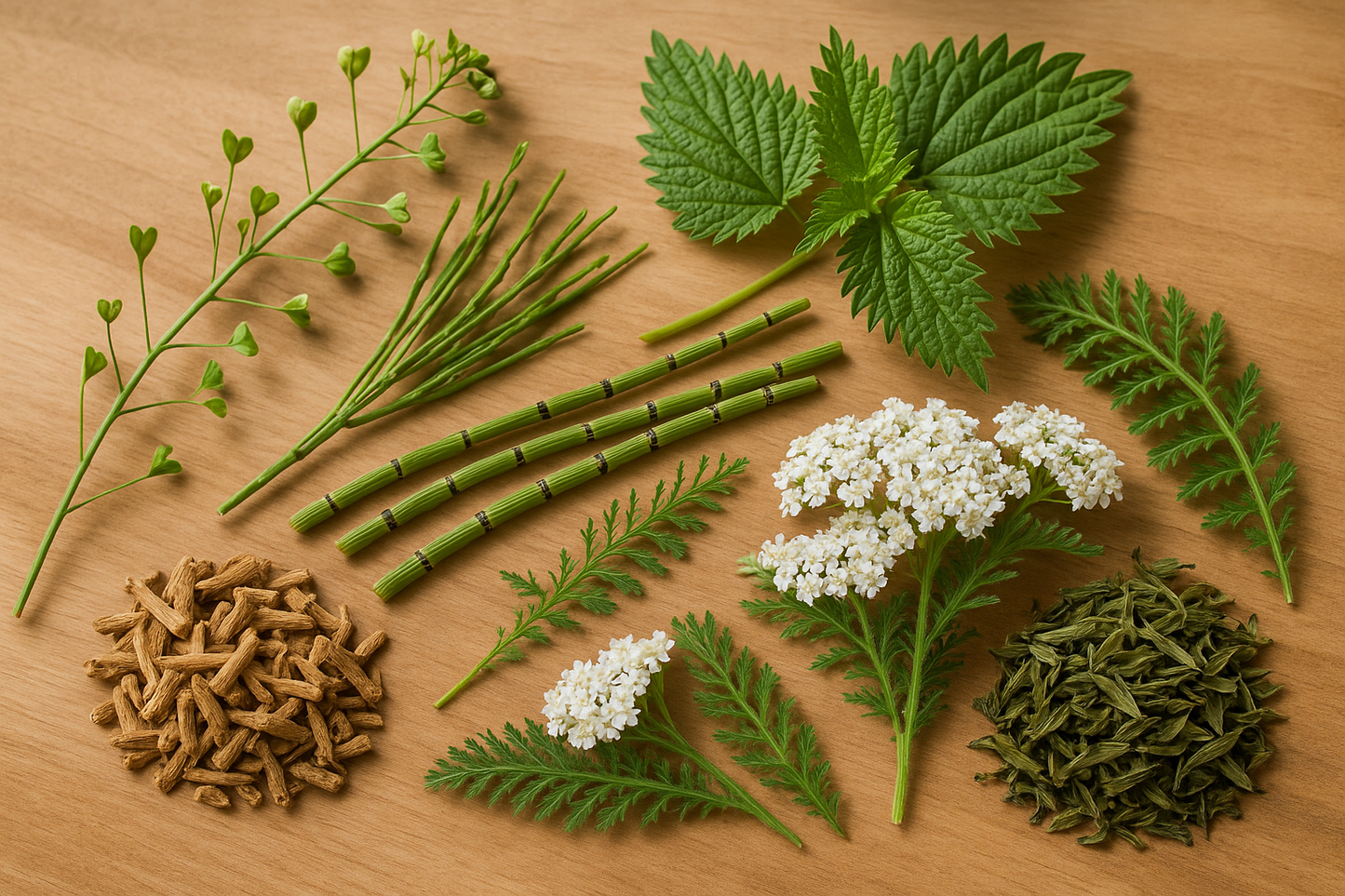 Organic shepherd's purse, organic nettle, organic horsetail, organic valerian root, organic yarrow, organic lemon myrtle tea leaves