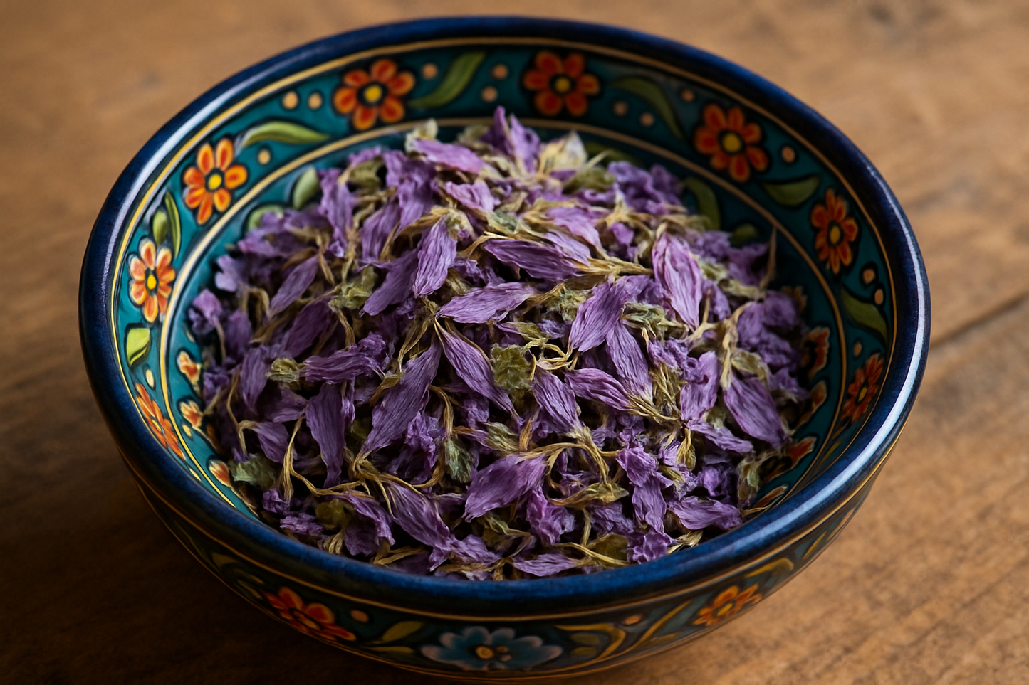 passion flower tea leaves in acolorful bowl