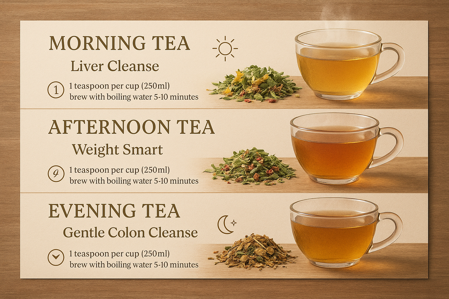 1.  Morning Tea - Liver Cleanse

1 teaspoon per cup(250ml). Brew with boiling water for 5-10 minutes

2.  Afternoon Tea - Weight Smart 3.  Evening Tea - Gentle Colon Cleanse

1 teaspoon per cup (250ml) Brew with boiling water for 5-10 minutes

3.  Evening Tea - Gentle Colon Cleanse

1 teaspoon per cup (250ml) Brew with boiling water for 5-10 minutes