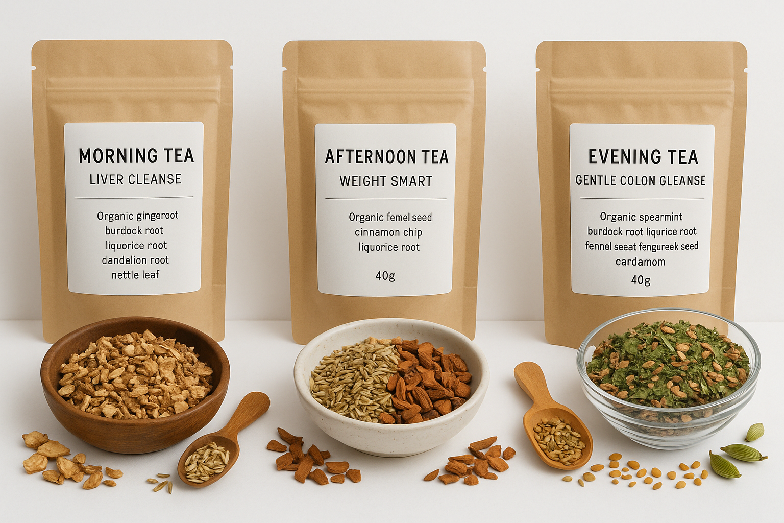 1.  Morning Tea - Liver Cleanse  x  40g pack

Ingredients: Organic ginger root, organic burdock root, organic liquorice root, organic dandelion root, organic nettle leaf

2.  Afternoon Tea - Weight Smart  x  40g pack

Ingredients:  Organic fennel seeds, organic cinnamon chips, organic liquorice root

3.  Evening Tea - Gentle Colon Cleanse  x  40g pack

Ingredients:  Organic spearmint, organic burdock root, organic liquorice root, organic fennel seeds, organic fenugreek seeds, organic cardamom