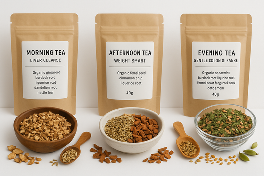 1.  Morning Tea - Liver Cleanse  x  40g pack

Ingredients: Organic ginger root, organic burdock root, organic liquorice root, organic dandelion root, organic nettle leaf

2.  Afternoon Tea - Weight Smart  x  40g pack

Ingredients:  Organic fennel seeds, organic cinnamon chips, organic liquorice root

3.  Evening Tea - Gentle Colon Cleanse  x  40g pack

Ingredients:  Organic spearmint, organic burdock root, organic liquorice root, organic fennel seeds, organic fenugreek seeds, organic cardamom