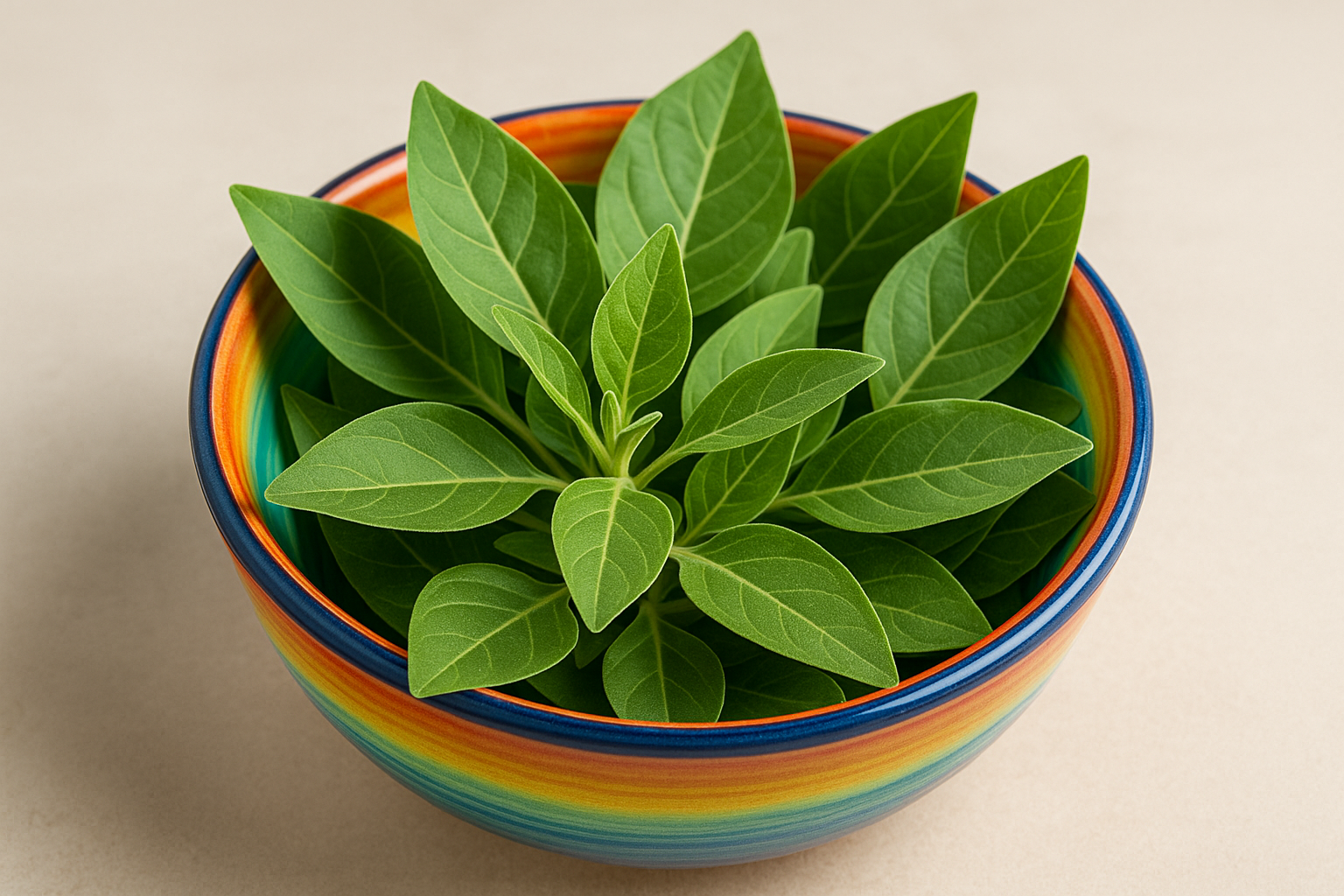 ashwagandha leaves in a colorful bowl