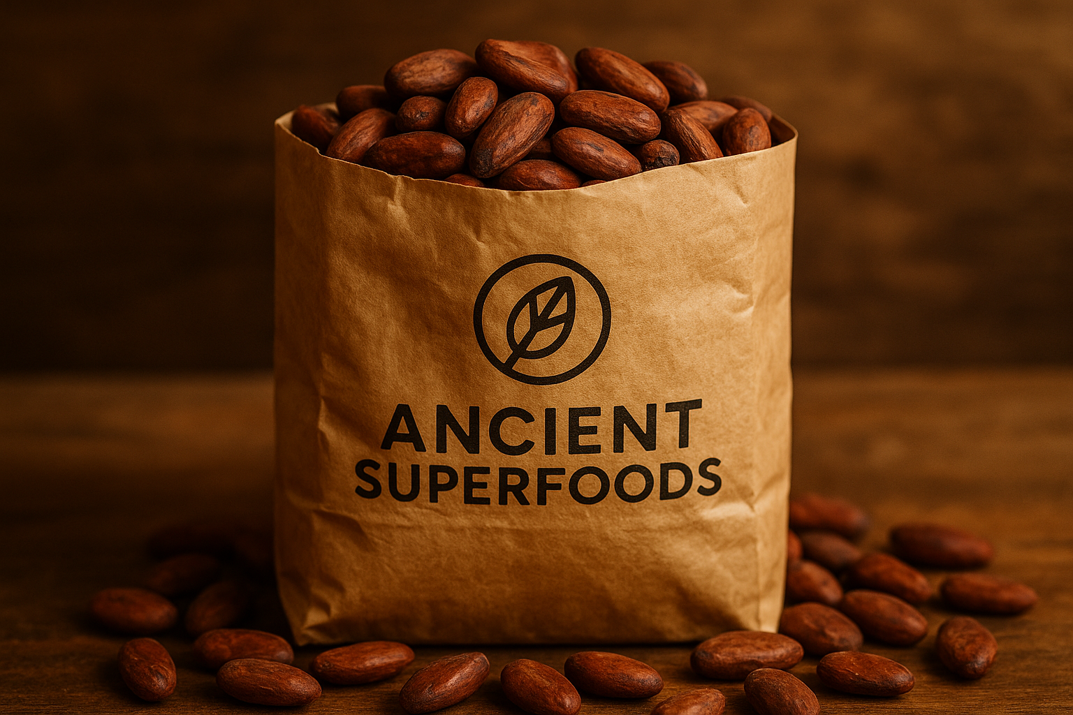 cacao in a kraft bad with anceint superfoods logo