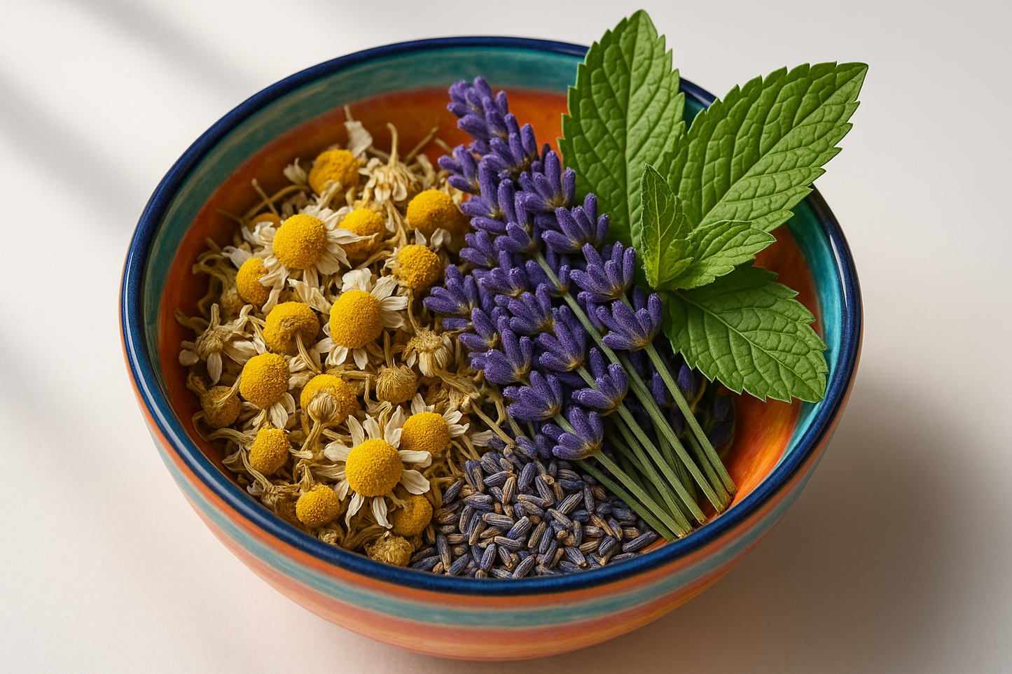 Chamomile 
Lavender 
spearmint leaves in a colorful bowl