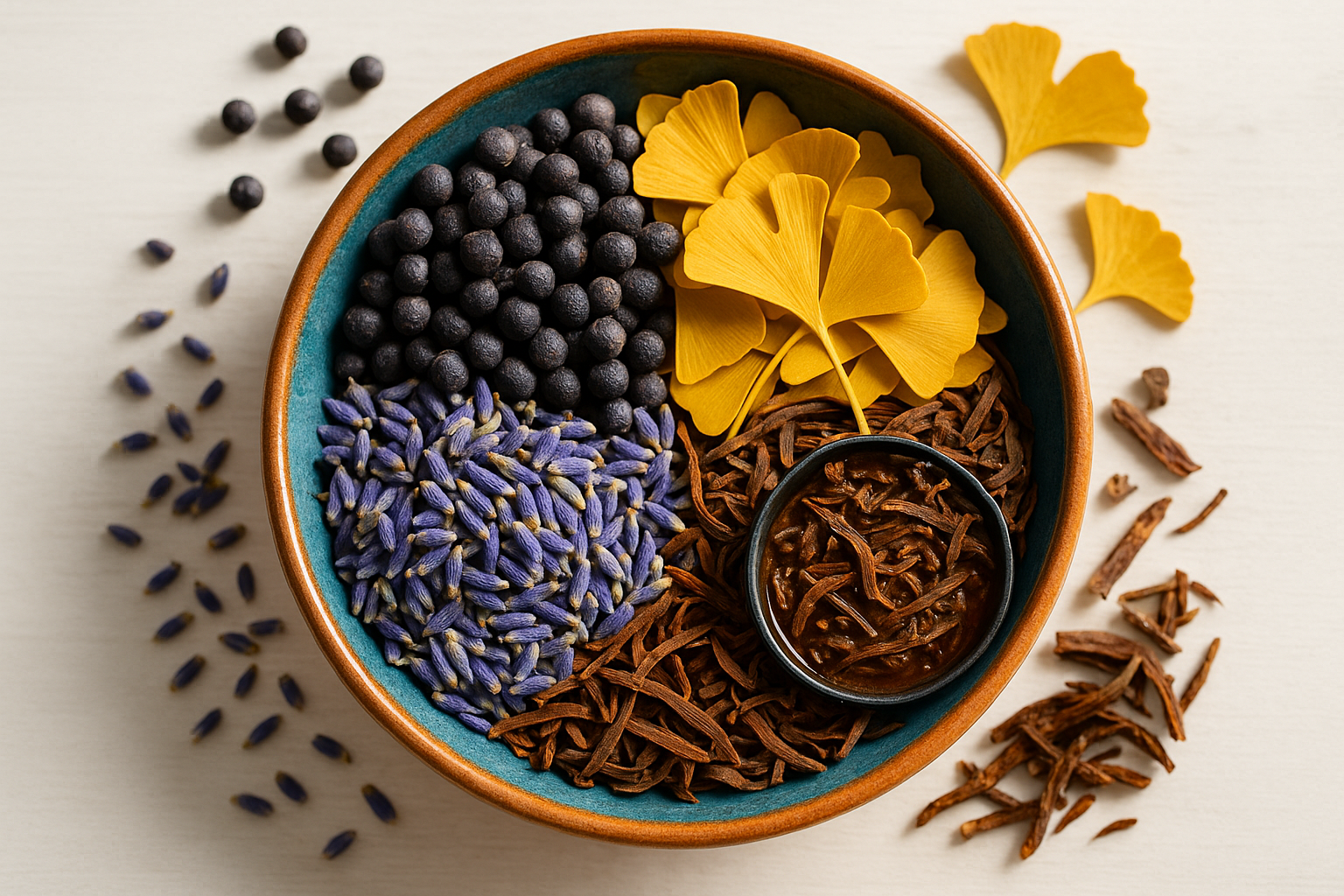 Chaste Tree Berries
Ginkgo -
Lavender - .
Liquorice -  tea leaves in acolorful bowl