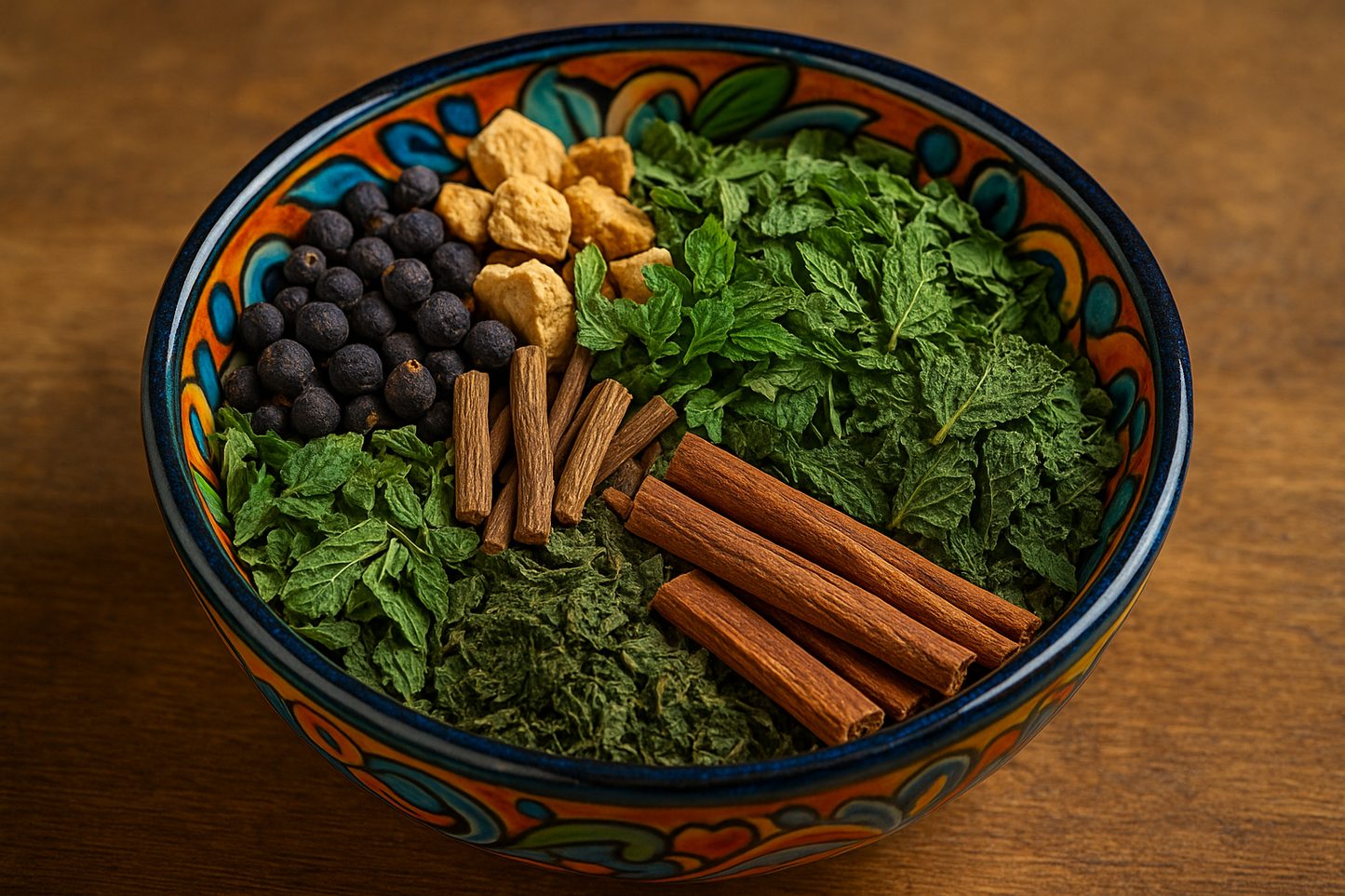 chaste tree, ginger, peppermint, licorice, nettle leaf, cinnamon tea leaves in a colorful bowl