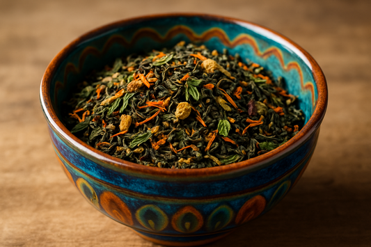 do a bowl of tea leaves in a color ful bowl