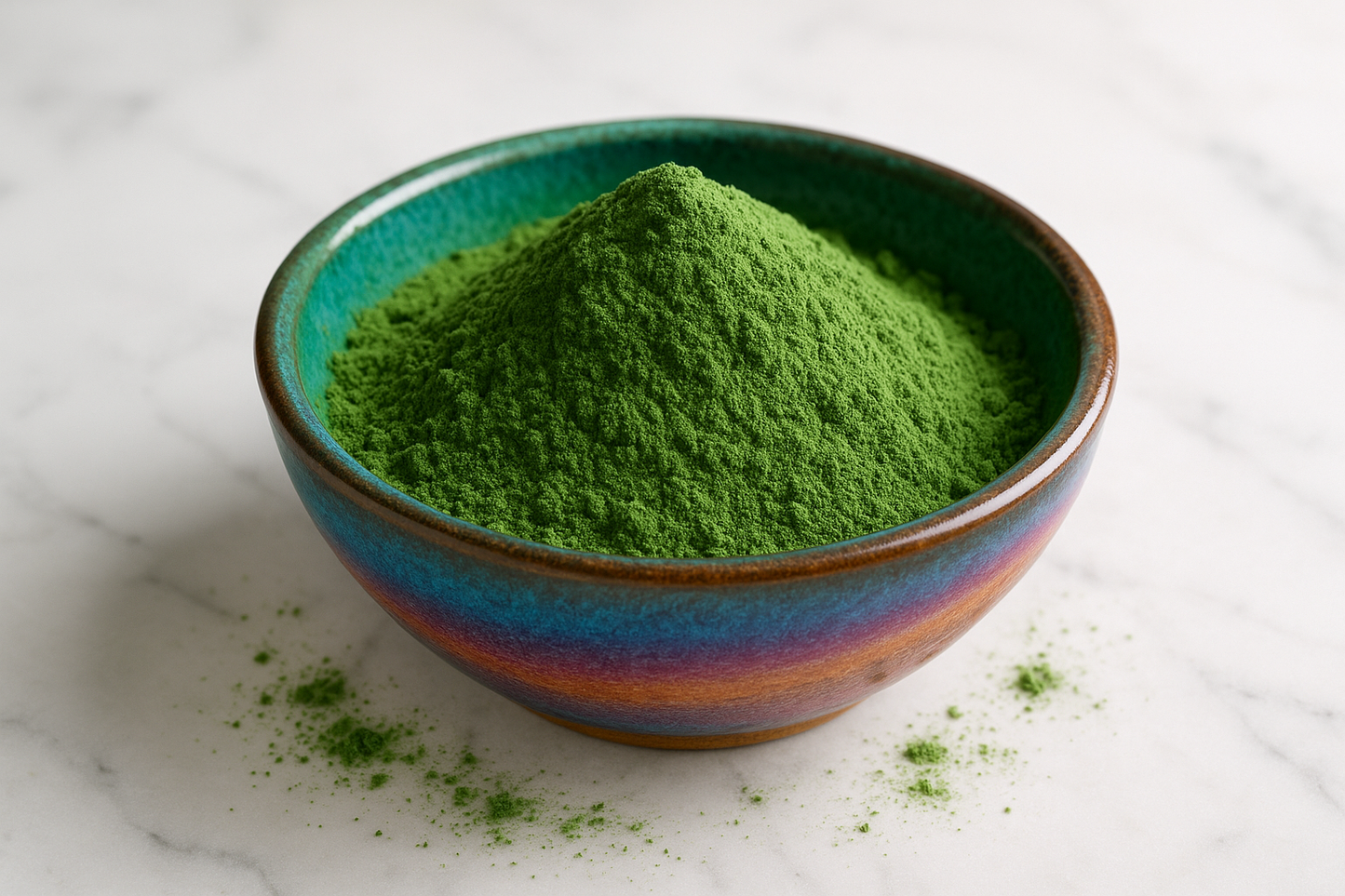 green wheat grass powder  in a colorful bowl 