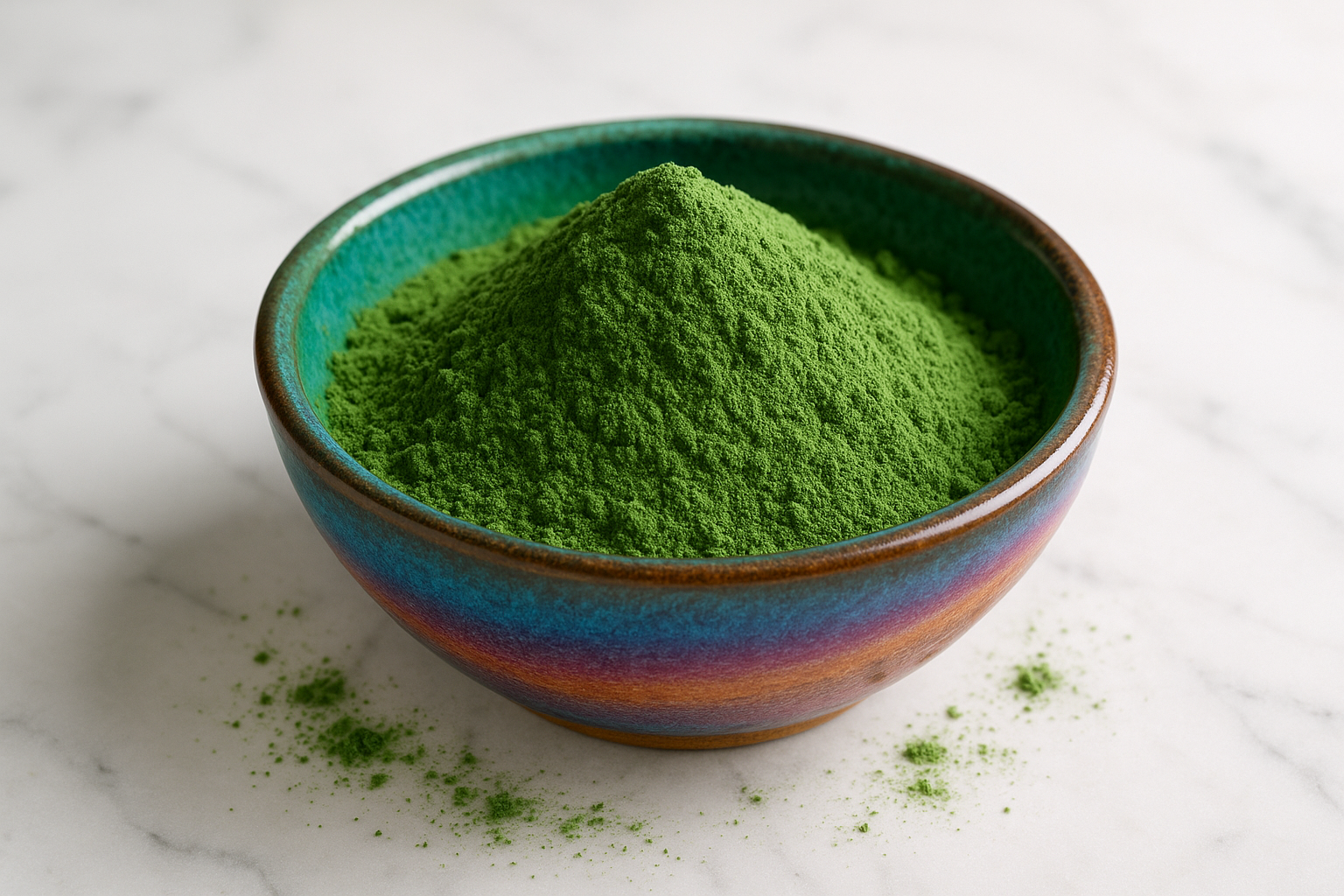 green wheat grass powder  in a colorful bowl 