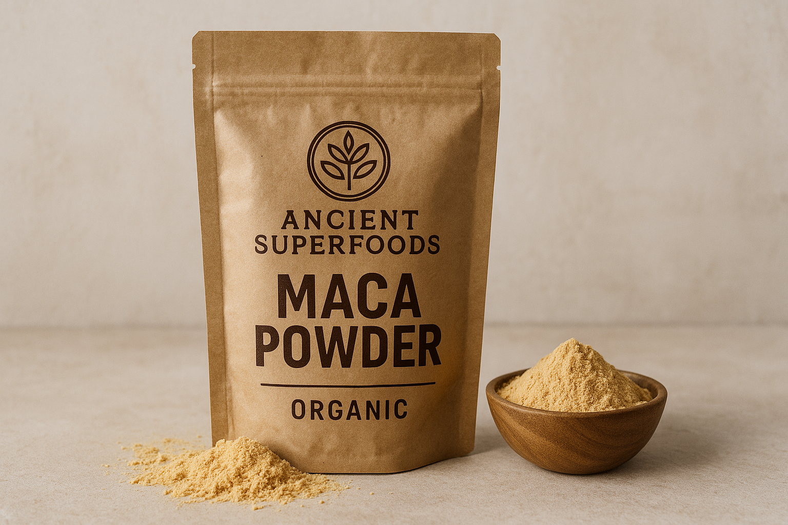 macca powder in a kraft bag with ancient superfoods logo