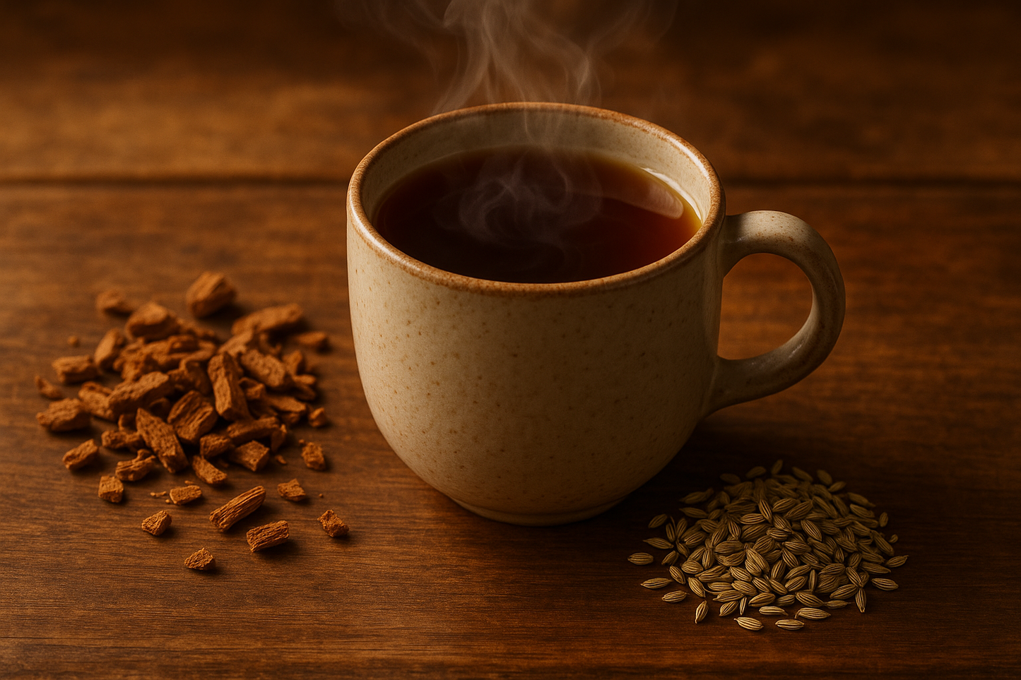 Organic cinnamon chips, organic fennel seeds, organic liquorice root tea cup