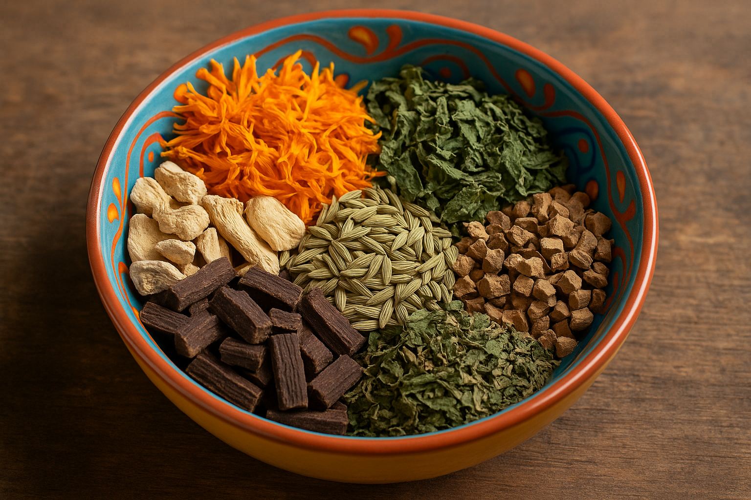 Organic ginger, organic liquorice, organic fennel seeds, organic peppermint, organic angelica root, organic calendula flowers do these tea leaves in a colorful bowl