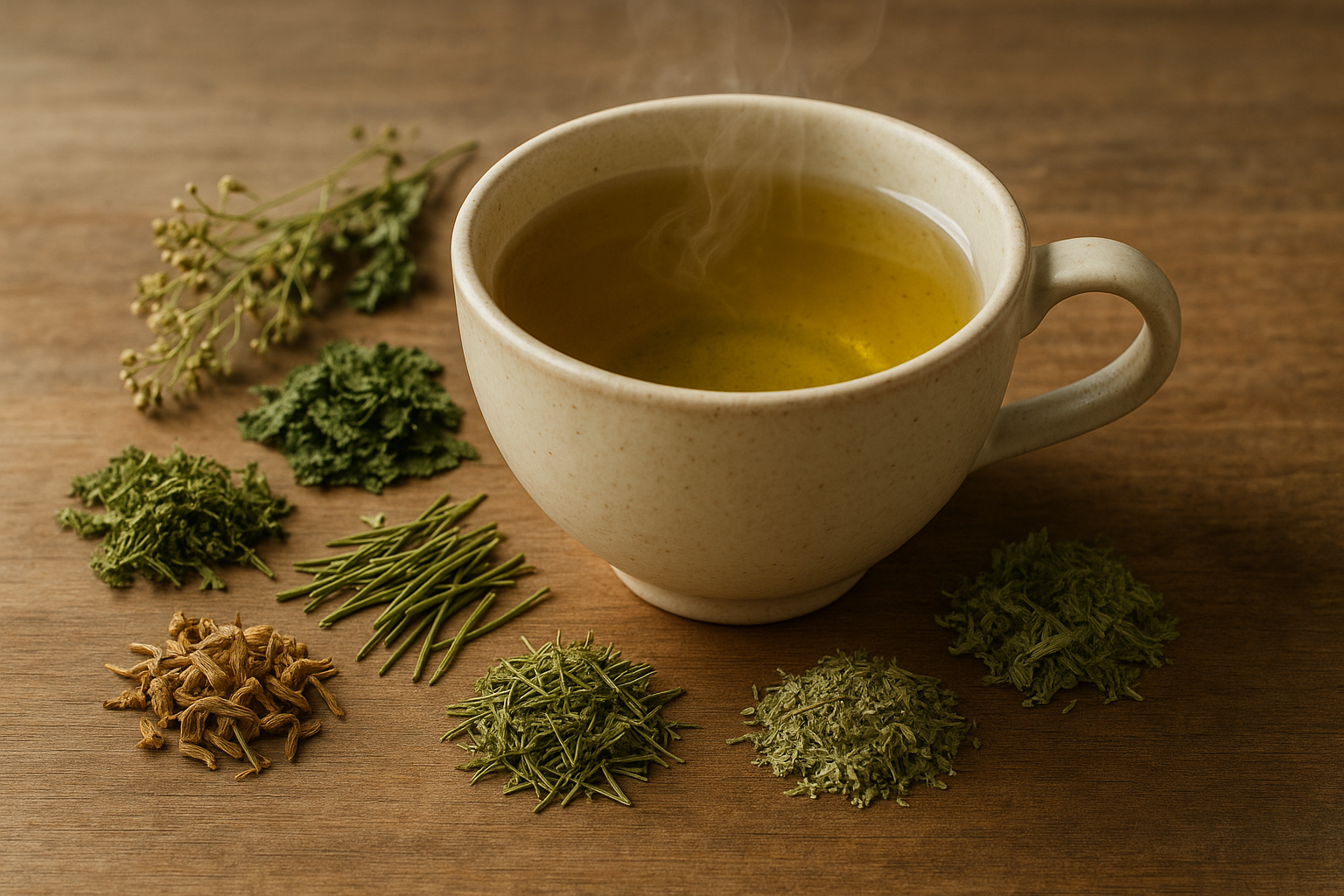 Organic shepherd's purse, organic nettle, organic horsetail, organic valerian root, organic yarrow, organic lemon myrtle in a cup of tea