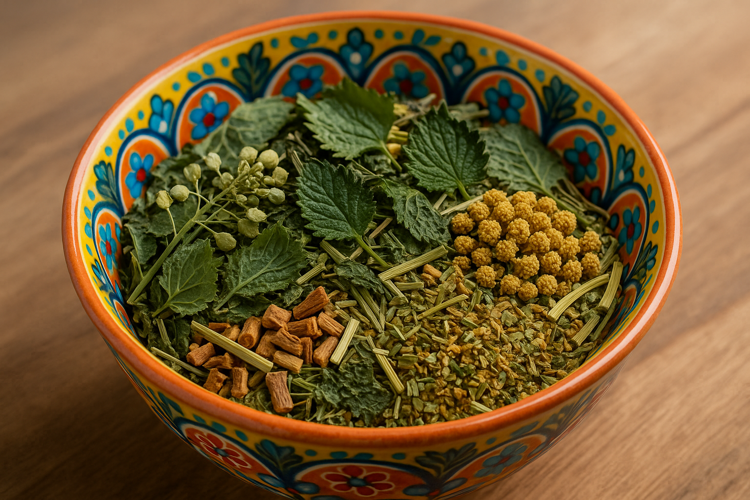 Organic shepherd's purse, organic nettle, organic horsetail, organic valerian root, organic yarrow, organic lemon myrtle tea in a colorful bowl