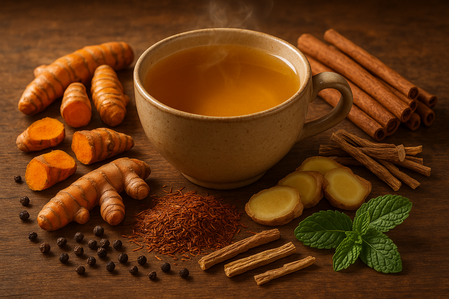 Organic turmeric, organic ginger root, organic rooibos, organic cinnamon (true), organic liquorice root, organic spearmint, ground pepper tea cup