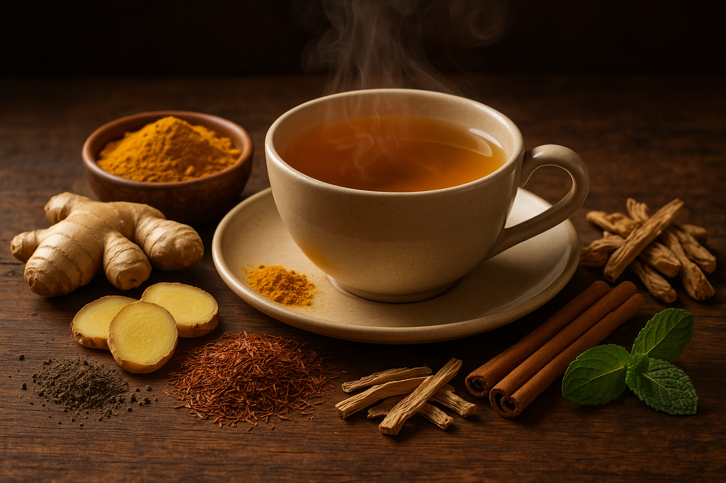 Organic turmeric, organic ginger root, organic rooibos, organic cinnamon (true), organic liquorice root, organic spearmint, ground pepper tea cup