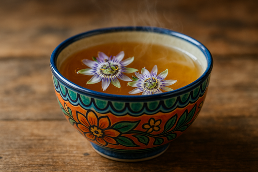 passionaflower tea in a colorful bowl