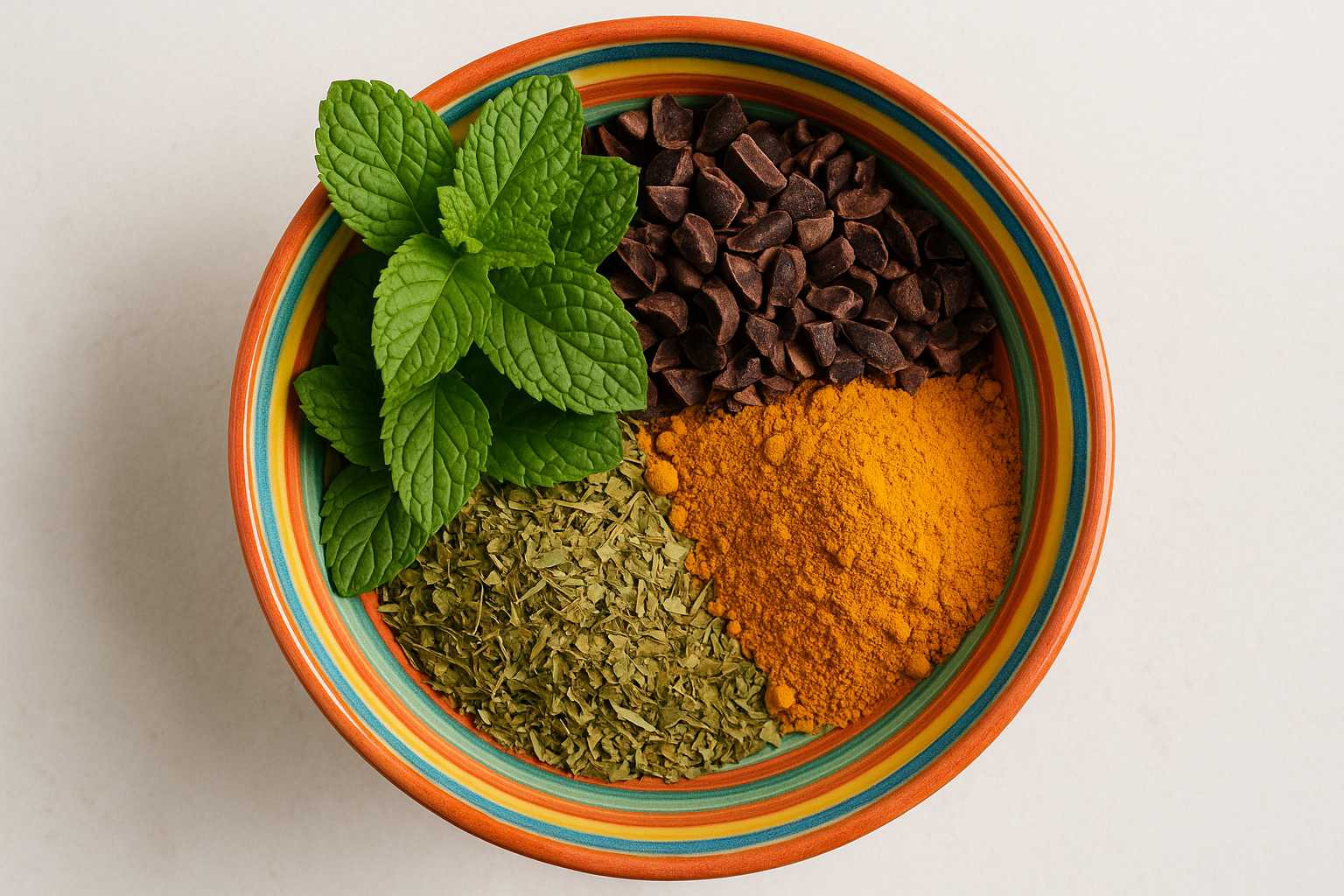peppermint, organic chocolate cacao shells, organic turmeric (activated) and organic lemon myrtle tea leaves in a colorful bowl