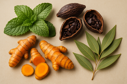 peppermint, organic chocolate cacao shells, organic turmeric (activated) and organic lemon myrtle 