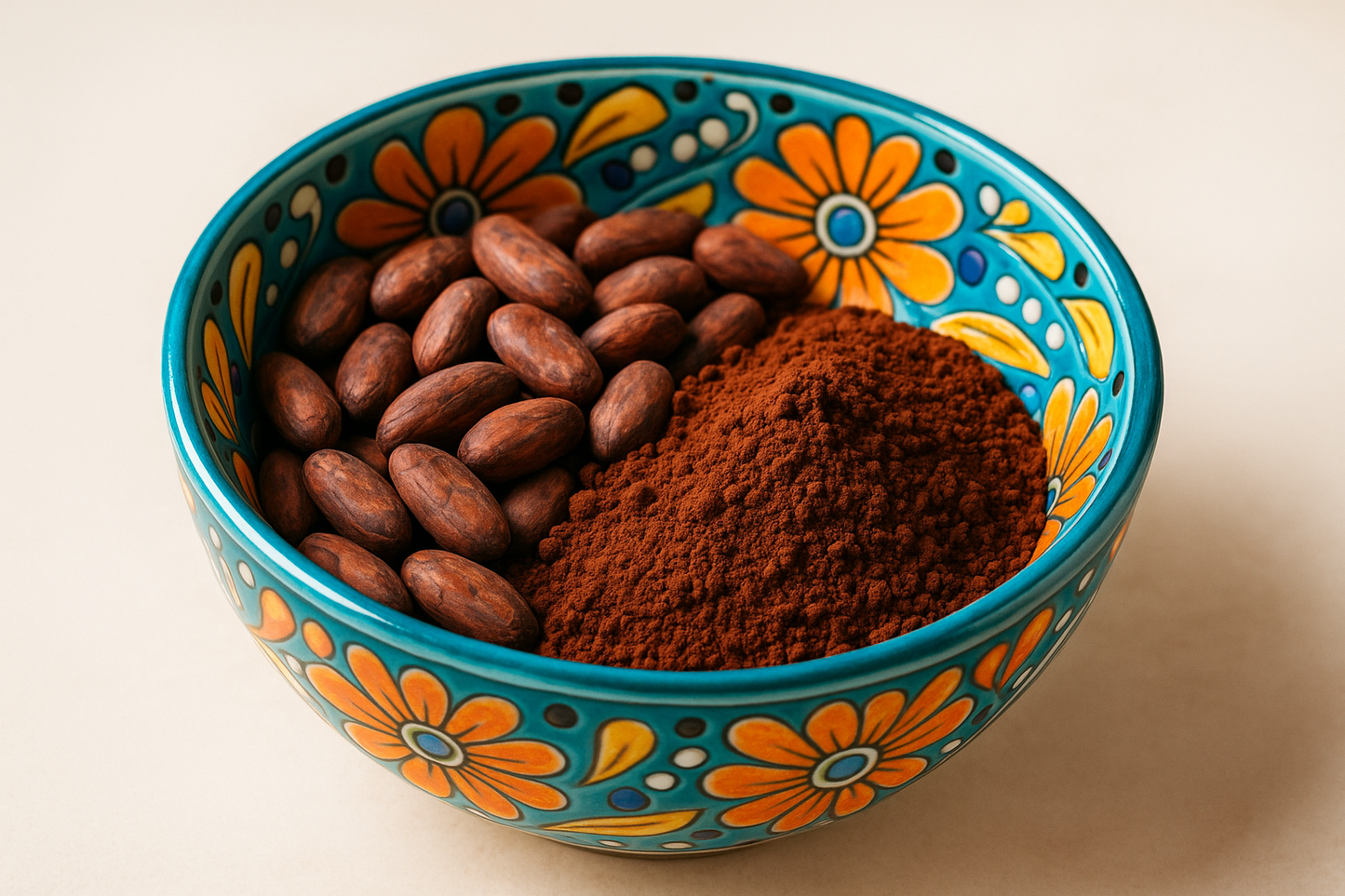 raw cacao in a colorful bowl