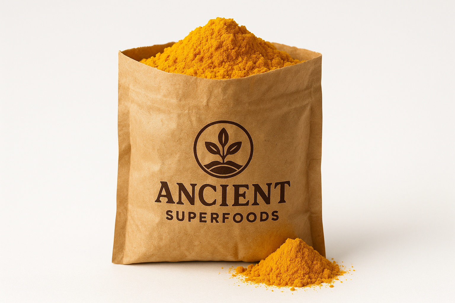 tumeric in a brown kraft bag with ancient superfoods logo