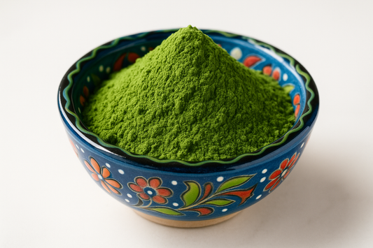 wheatgrass in a colourful bowl
